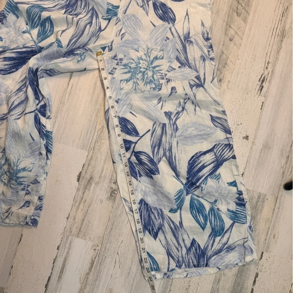 C&C California Cropped Wide Leg Linen Pants Blue Floral Tropical Large
